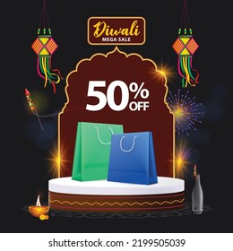 Diwali Mega sale discount concept with shopping bags on product podium with diwali elements
