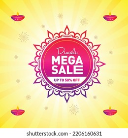 Diwali mega sale discount offer logo unit with yellow background, Sign, Symbol, 50%off, Modern logo.