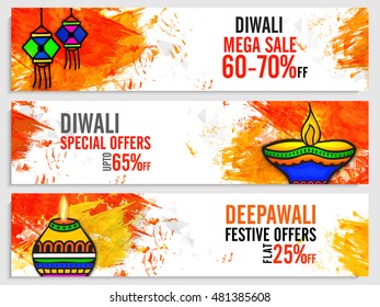 Diwali Mega Sale website header or banner set, Creative abstract background with watercolor brush strokes and illuminated oil lamps for Indian Festival of Lights celebration.