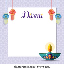 Diwali message notes or copy space with diya (india oil lamp) and india lantern. Festival of Lights celebration vector illustration.