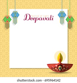 Notas de mensaje Diwali o espacio de copia con diya (lámpara de aceite india) y linterna.Festival de las Luces, ilustración vectorial.