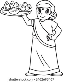 Diwali Mom Carrying Food Isolated Coloring Page