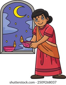 Diwali Mom Holding Candle Cartoon Colored Clipart