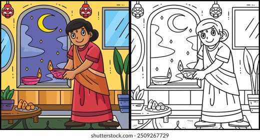 Diwali mãe segurando uma ilustração de coloração de vela