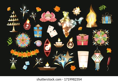 Diwali objects vector set in cartoon style. Bright and shiny elements - lanterns, diya lamps, candles, fireworks and crackers. Dice and playing cards, gift boxes and rangoli ornaments.