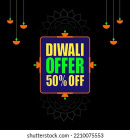 Diwali offer 50% off premium logo unit with lamp vector graphics on black background.