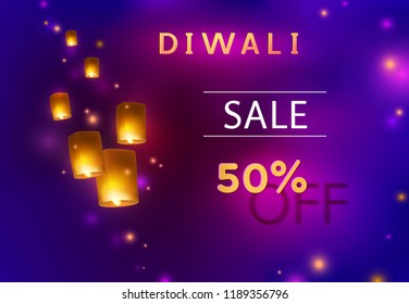 Diwali offer and flying china paper lamps, festival floating lanterns. 50 off discount sale poster on dark night sky background. Vector promo banner with indian lights for Diwali Festival design.