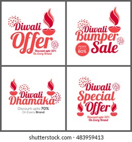 Diwali Offer Poster, Bumper Sale Banner, Diwali Dhamaka Flyer, Special Discount Offer, Set of four sale background, Indian Festival of Lights celebration concept.