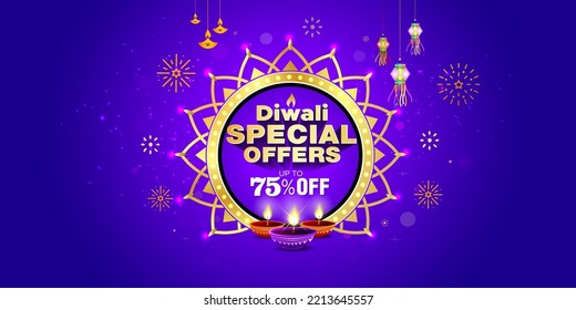 Diwali offer Sale template banner Design. Diwali special offer text with fireworks on blue background.