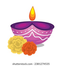 Diwali oil lamp with flowers in purple illustration vector perfect for diwali