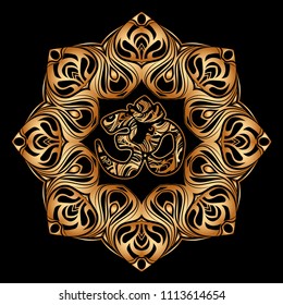 Diwali Om symbol with mandala. Round golden Pattern on black background. Hand drawn Ornate Indian pattern decorative vector elements.