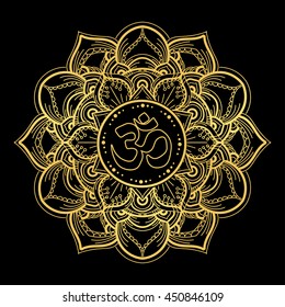 Diwali Om symbol with mandala. Round golden Pattern on black background. Hand drawn Ornate Indian pattern decorative vector elements.