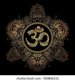 Diwali Om symbol with mandala. Round golden Pattern on black background. Hand drawn Ornate Indian pattern decorative vector elements.