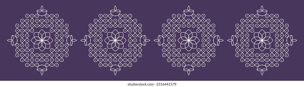 Diwali, onam e karthigai aprofundam conjunto especial pulli kolam. A ilustração tradicional indiana do vetor da arte popular.