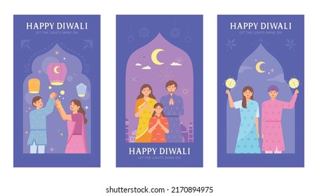 Diwali Post Card. People in traditional Indian costumes in beautiful Arabian patterns are enjoying the festival. flat design style vector illustration.
