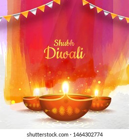 Diwali poster or banner design with illuminated oil lamp on brush stroke background decorated with bunting flag.