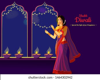 Diwali poster or banner design with illustration of young lady decorated her house illuminated oil lamp and message for you Spread the Light of Joy & Happiness.