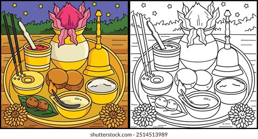 Diwali Puja Thali Coloring Page Illustration