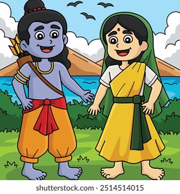 Ilustração de desenhos animados coloridos de Diwali Rama e Sita