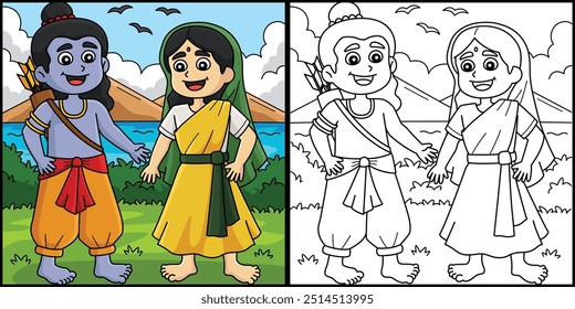 Ilustração de página colorida de Diwali Rama e Sita