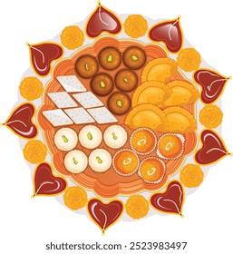 Diwali Rangoli gemacht mit Diyas, Ringelblumen und Thali gefüllt mit Gulab Jamun, Rasgullas, Motichoor Laddu und Gujiya\Karanji. Indische Süßigkeiten - Abbildung oben  