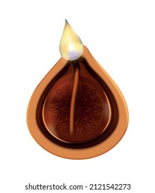Diwali realistic composition with isolated image of traditional oil candle with flame vector illustration