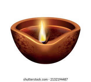 Diwali realistic composition with isolated image of traditional oil candle with flame vector illustration