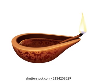 Diwali realistic composition with isolated image of traditional oil candle with flame vector illustration