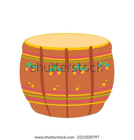 Diwali round drum in flat design. Traditional ornate music instrument. Vector illustration isolated.