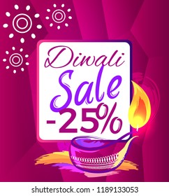 Diwali sale -25% off sign with festive candle on bright pink background. Vecto with discount dedicated to festival of lights and burning candle