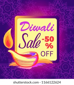 Diwali sale -50% off sign with festive candle text in frame with burning lamp. Vector illustration with discount dedicated to festival of lights