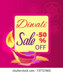 Diwali sale -50% off sign with festive candle on bright pink background. Vector illustration with discount dedicated to festival of lights