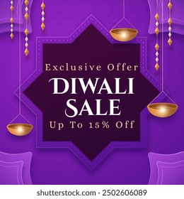 Diwali Sale Banner mit bis zu 15% Rabatt. Exklusives Angebot. Illustrationsvektor. Fröhliche Deepawali. Hängende Diya. 