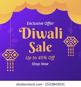 Banner de venda de Diwali com até 45% de desconto. Oferta exclusiva. Vetor de Ilustração. Feliz Deepawali. Compre agora. 