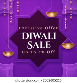 Diwali Sale Banner mit bis zu 5% Rabatt. Exklusives Angebot. Illustrationsvektor. Fröhliche Deepawali. Hängen Diya und Jhalar. 