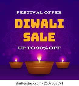 Diwali Sale Banner in Amazing Background with up to 90% off. Festival Offer. Diwali Sale. Happy Diwali. Vector Illustration. Deepawali Sale.