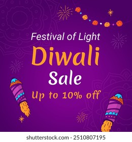 Diwali Sale banner with Beautiful Design and disc up to 10% off. Festival of Light. Vector Illustration. 