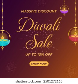 Diwali Sale Banner with Beautiful Diya's and discount up to 10%. Deepawali Sale. Massive Discount. Vector Illustration. Festival of Lights. 10% off.