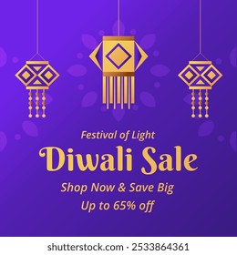 Diwali Sale Banner in Beautiful purple background with up to 65% off. Vector Illustration. Festival of Light. Shop Now and Save Big. Beautiful Jhalar.