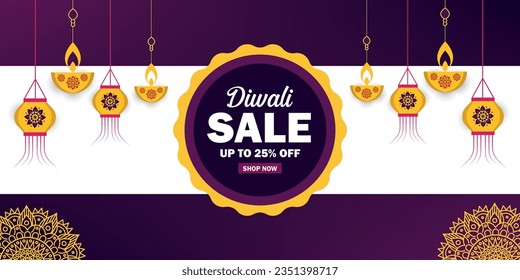 Diwali Sale banner design hanging Diya lamp with Hanging lanternl on purple background