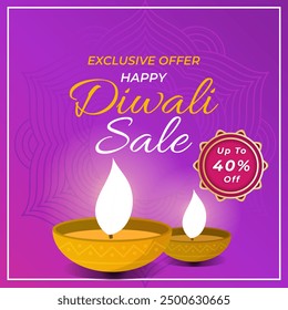 Diwali Sale Banner with discount up to 40% off. Exclusive Offer. Vector Illustration. 40% Discount Tag. Happy Deepawali.