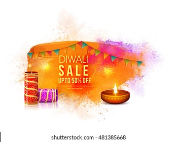 Diwali Sale Banner, Sale and Discount Flyer, Special Offer Poster, Upto 50% Off for Indian Festival of Lights celebration.