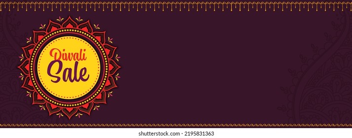 Diseño De Banner O Cabecera De Venta Diwali Con Marco De Mandala Sobre Fondo De Patrón Púrpura Paisley.