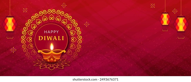 Diwali Sale Banner Or Header Design With Mandala Frame and Diya on Red Background with Text Space.