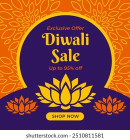 Banner de venda Diwali com Lotus Design. Oferta exclusiva. Ilustração de vetor. Compre agora. Até 95% de desconto.