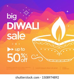 Diwali Sale banner or poster with stylized oil lamp. Holiday discount for light festival India.