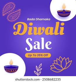 Diwali Sale banner in Purple Background with Beautiful Design and disc up to 35% off. Bada Dhamaka. Vector Illustration. 