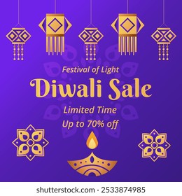 Diwali Sale Banner in Purple Background with up to 70% off. Vector Illustration. Happy Deepawali. Diwali Sale. Festival of Light. Limited Time.