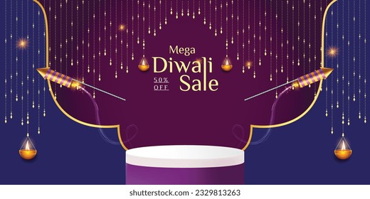 Diwali sale banner template with podium and diwali elments