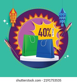 Diwali descuento en venta, ofrecer concepto con bolsas de compras en el podio de productos rodeados de elementos Diwali